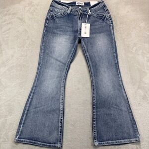 Disclosure Jeans Women's 7/28 Bootcut Blue Fleur De Lis Rhinestone Low Rise Y2K